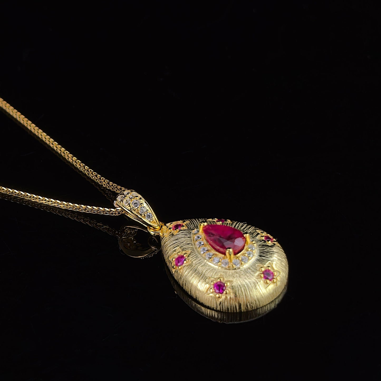 Vintage Ruby Pendant Necklace – 18K Gold-Plated Sterling Silver, Pear-Cut