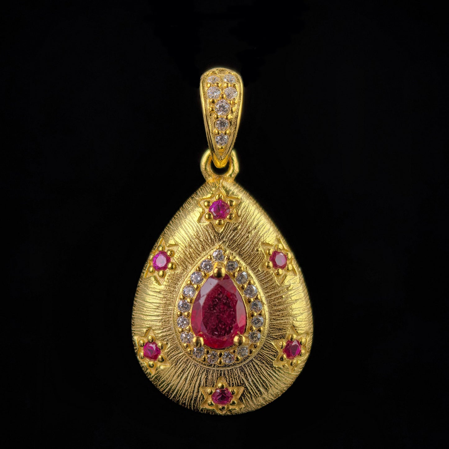 Vintage Ruby Pendant Necklace – 18K Gold-Plated Sterling Silver, Pear-Cut