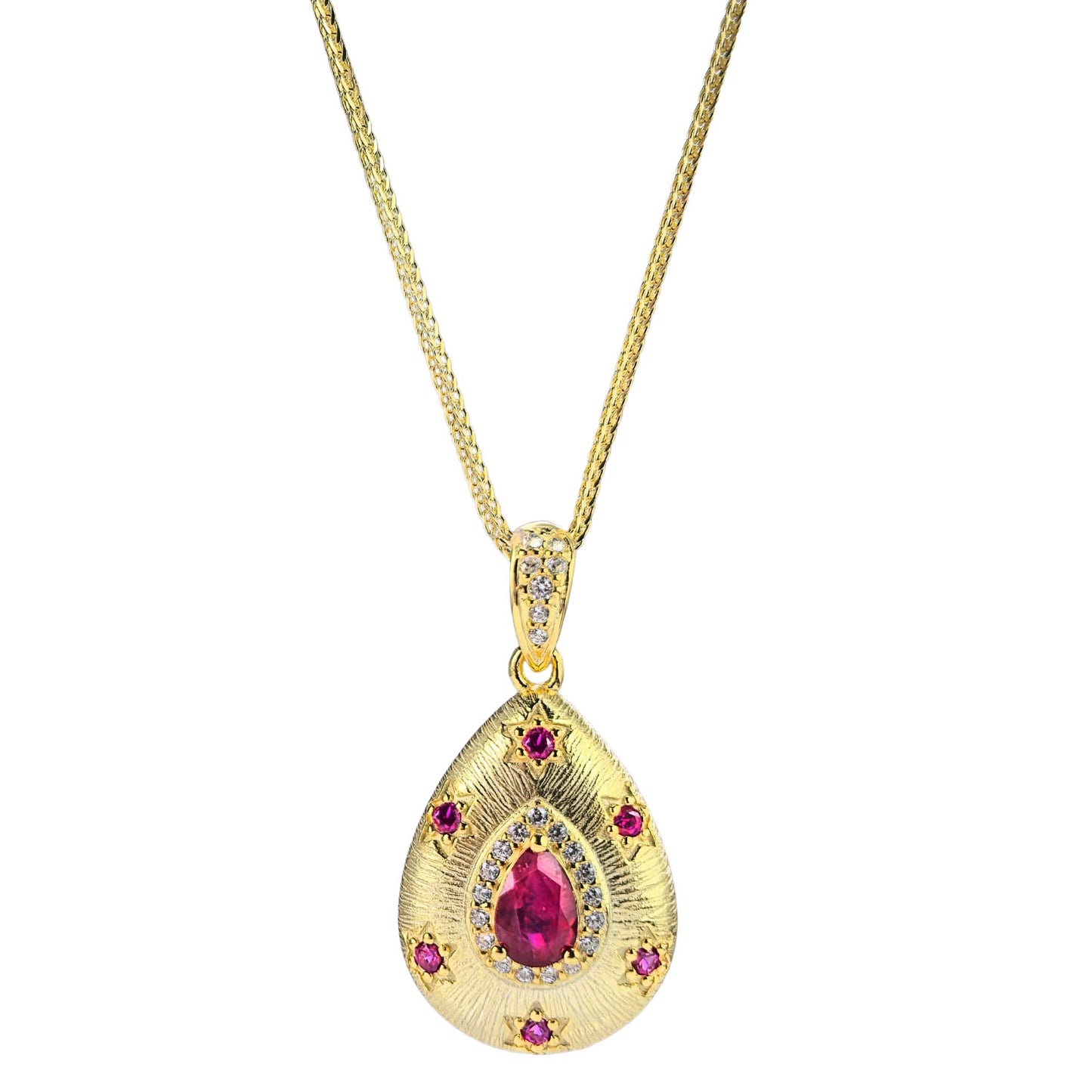 Vintage Ruby Pendant Necklace – 18K Gold-Plated Sterling Silver, Pear-Cut
