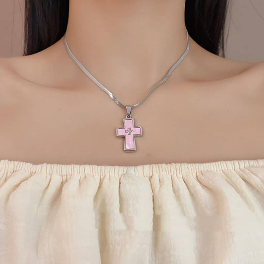 Double Cross Pendant Necklace – Silver Snake Chain with White or Pink Charm | Yesalna