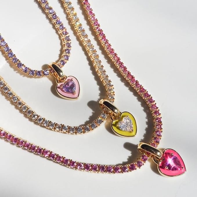Pink Diamond Heart Choker With Tennis Chain