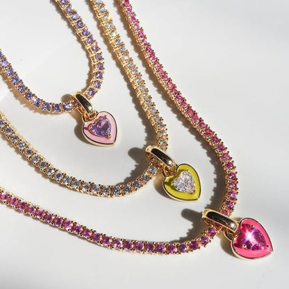 Pink Diamond Heart Choker With Tennis Chain