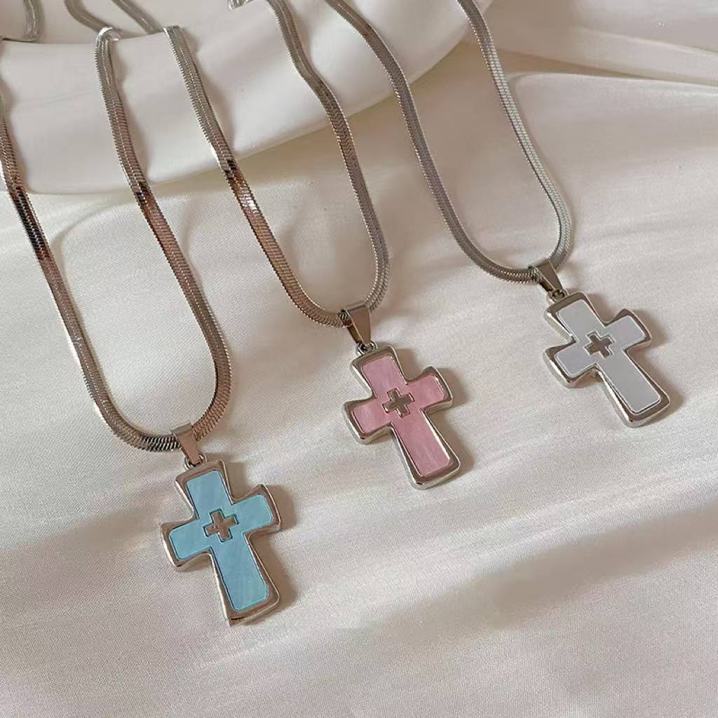 Double Cross Pendant Necklace – Silver Snake Chain with White or Pink Charm | Yesalna