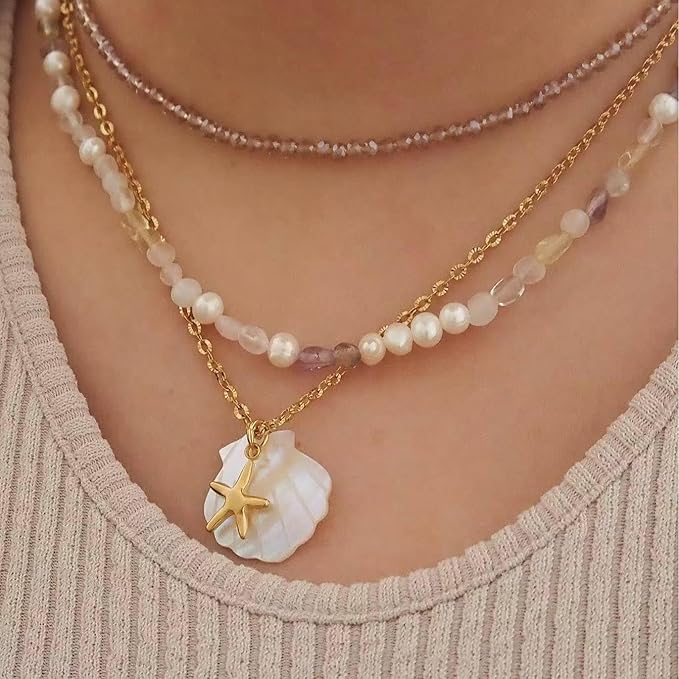 Yesalna Shell Necklace for Women – Adjustable Beach Jewelry with Starfish or Turtle Charm, Shiny Summer Accessory for Weddings, Parties & Gifts