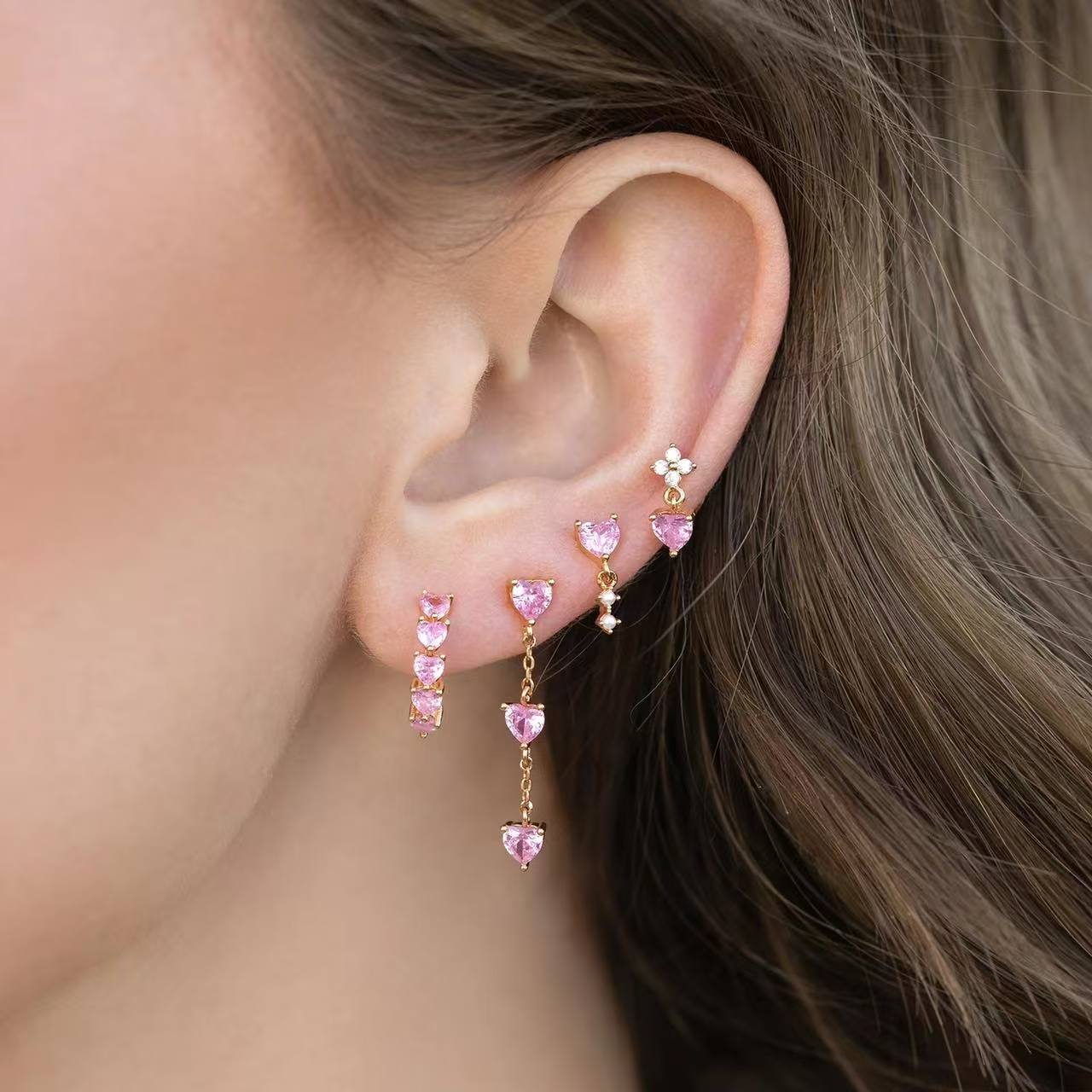 Pink Heart Stud Earrings Set – 18K Gold-Plated Tiny Everyday Jewelry