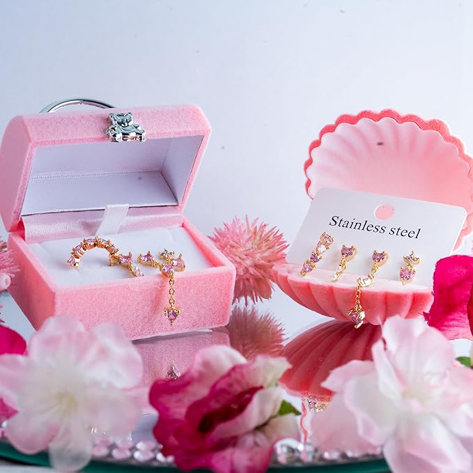 Pink Heart Stud Earrings Set – 18K Gold-Plated Tiny Everyday Jewelry