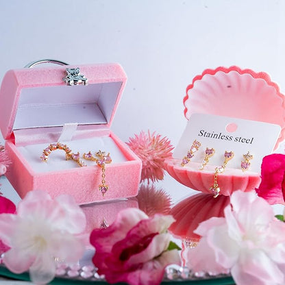 Pink Heart Stud Earrings Set – 18K Gold-Plated Tiny Everyday Jewelry