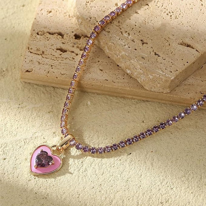 “Pink heart pendant on gold tennis chain necklace – romantic tarnish-free jewelry by Yesalna”

