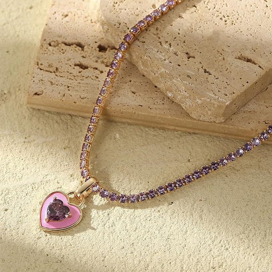 “Pink heart pendant on gold tennis chain necklace – romantic tarnish-free jewelry by Yesalna”

