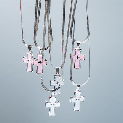 Double Cross Pendant Necklace – Silver Snake Chain with White or Pink Charm | Yesalna