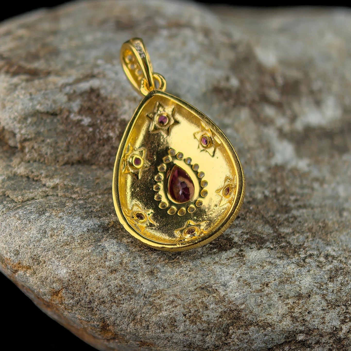 Vintage Ruby Pendant Necklace – 18K Gold-Plated Sterling Silver, Pear-Cut