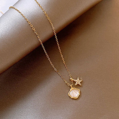 Summer Shell Pendant Necklace – Gold-Plated with Starfish, Heart, or Fairy Wing Charm