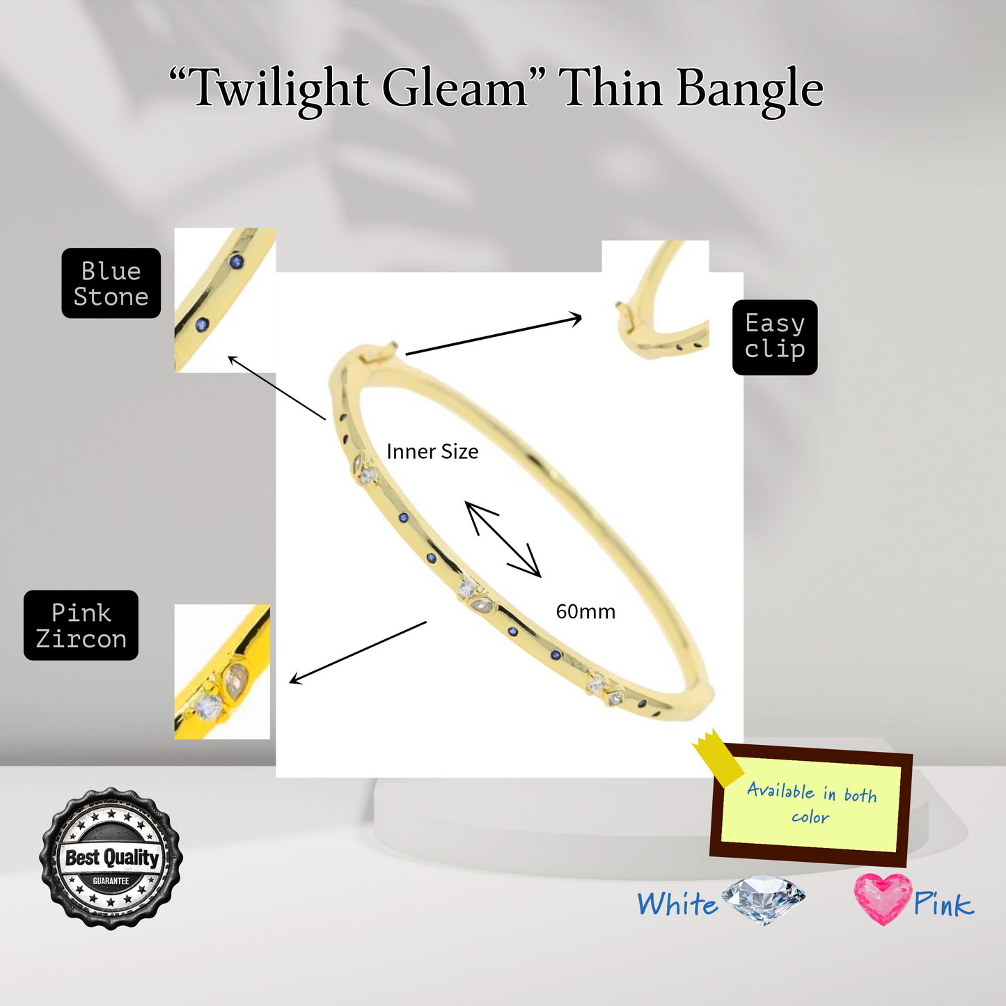 Twilight Gleam Thin Bangle – Gold-Plated Bracelet with White or Pink Zircon