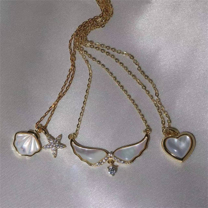 Summer Shell Pendant Necklace – Gold-Plated with Starfish, Heart, or Fairy Wing Charm