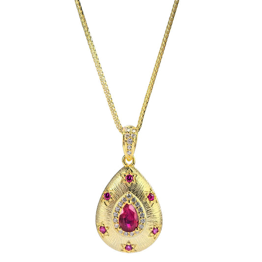 Vintage Ruby Pendant Necklace – 18K Gold-Plated Sterling Silver, Pear-Cut