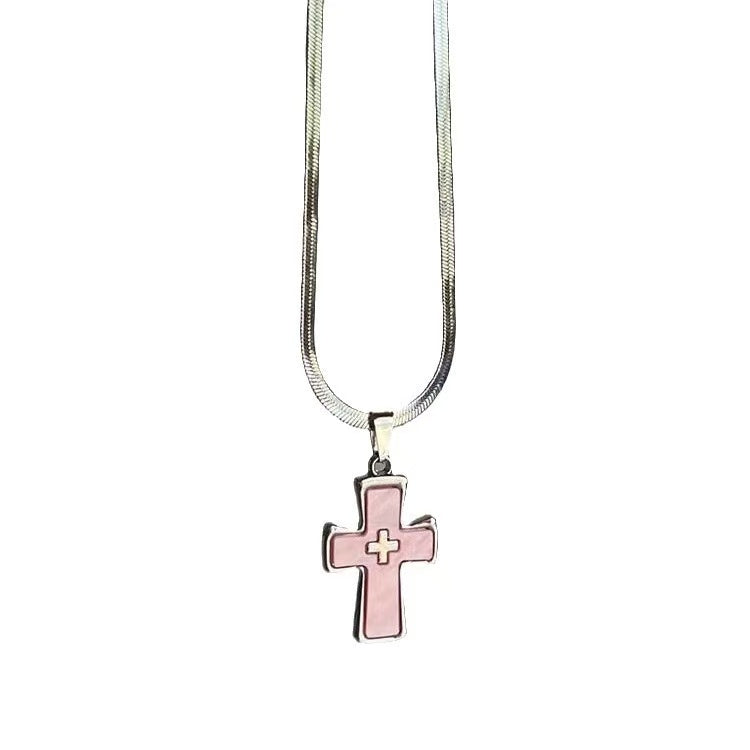 Double Cross Pendant Necklace – Silver Snake Chain with White or Pink Charm | Yesalna