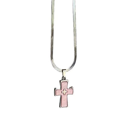 Double Cross Pendant Necklace – Silver Snake Chain with White or Pink Charm | Yesalna
