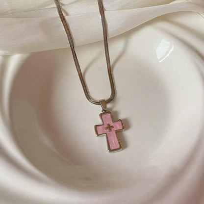 Double Cross Pendant Necklace – Silver Snake Chain with White or Pink Charm | Yesalna