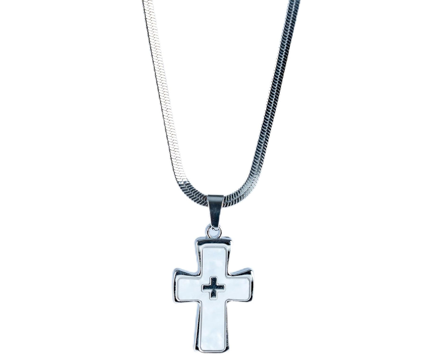 Double Cross Pendant Necklace – Silver Snake Chain with White or Pink Charm | Yesalna