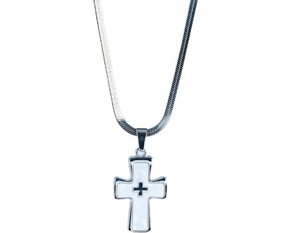 Double Cross Pendant Necklace – Silver Snake Chain with White or Pink Charm | Yesalna