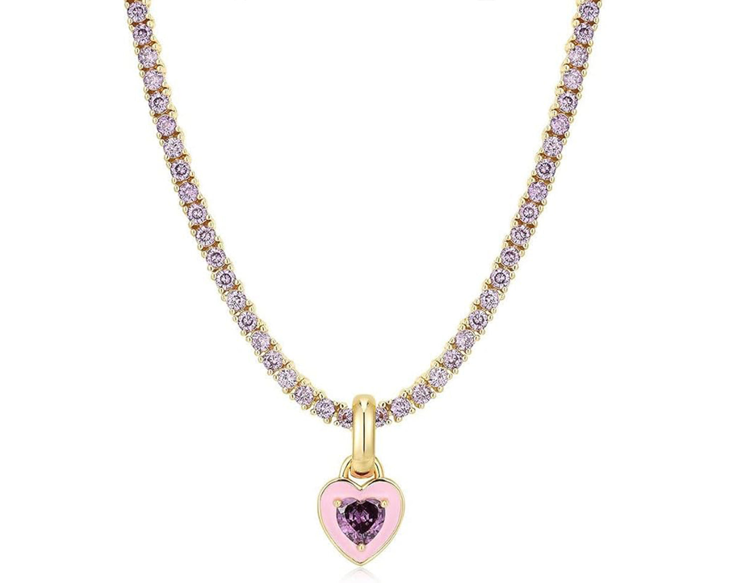 Pink Diamond Heart Choker With Tennis Chain