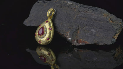 Vintage Ruby Pendant Necklace – 18K Gold-Plated Sterling Silver, Pear-Cut